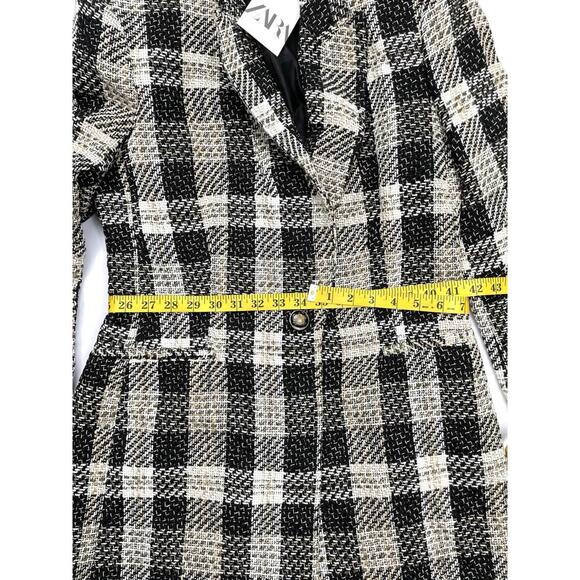 NWT ZARA Long Textured Check Blazer Ecru/Black 1 Button Closure Size Large - Picture 8 of 10